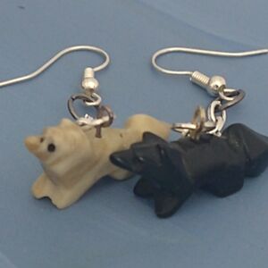 Mismatched Carved Stone Dogs Black And Cream Earrings